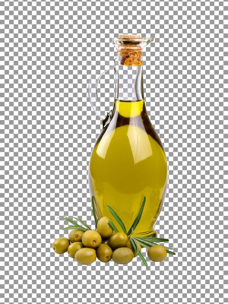 PSD bottiglia di olio d'oliva con olive verdi su sfondo trasparente