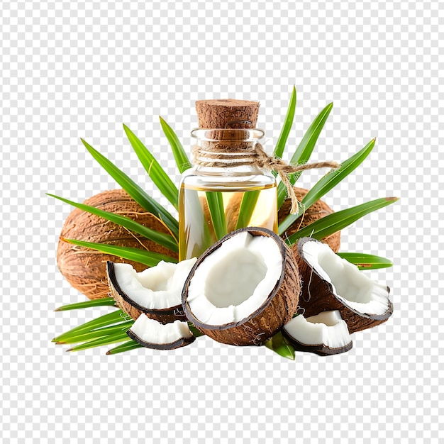 Bottiglia di olio di cocco con cocco isolato su uno sfondo trasparente da AI generative