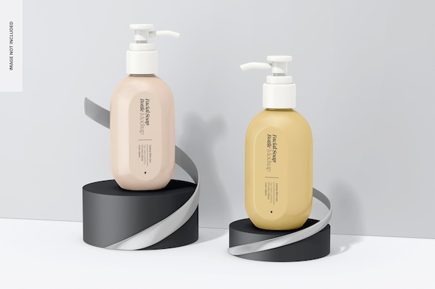 Bottiglia di sapone per il viso con mockup del contenitore della pompa sul podio