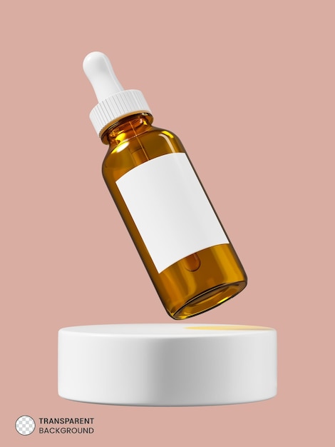 Bottiglia di siero cosmetico in vetro ambrato sull'illustrazione 3d del podio