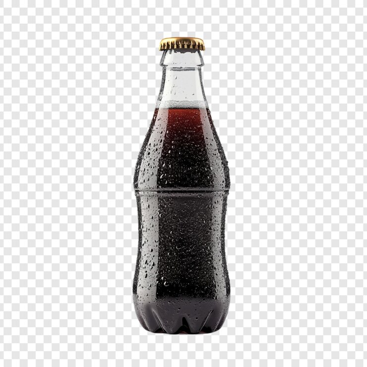 PSD bottiglia di soda scura fredda con gocce d'acqua bevanda rinfrescante in bottiglia di vetro cappuccio d'oro isolato su sfondo trasparente