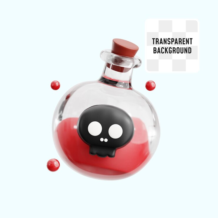 PSD bottiglia di vetro chimico rosso con testa di teschio morto simbolo per il potere magica e veleno liquido gioco ui risorse 3d illustrazione icona render design