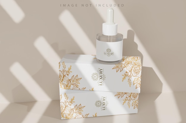 Bottiglia di vetro con pipetta e scatola su sfondo di rendering 3d beige Puntelli per mostrare i cosmetici
