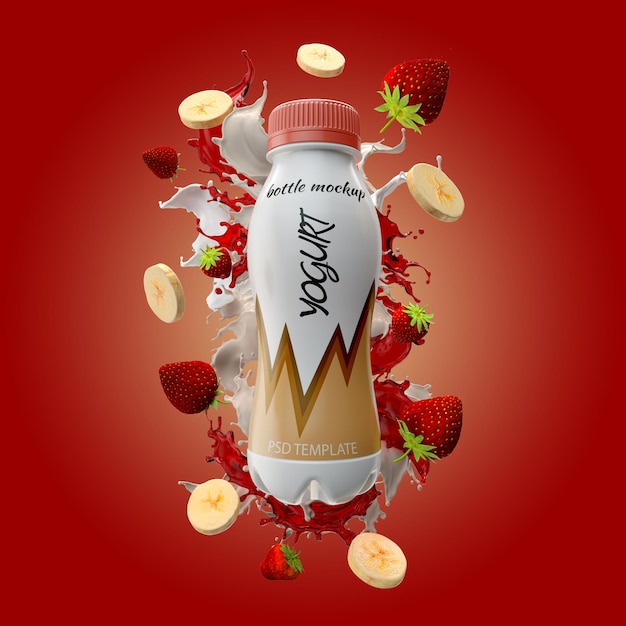 Bottiglia di yogurt con banana splash di latte e mockup di fragole