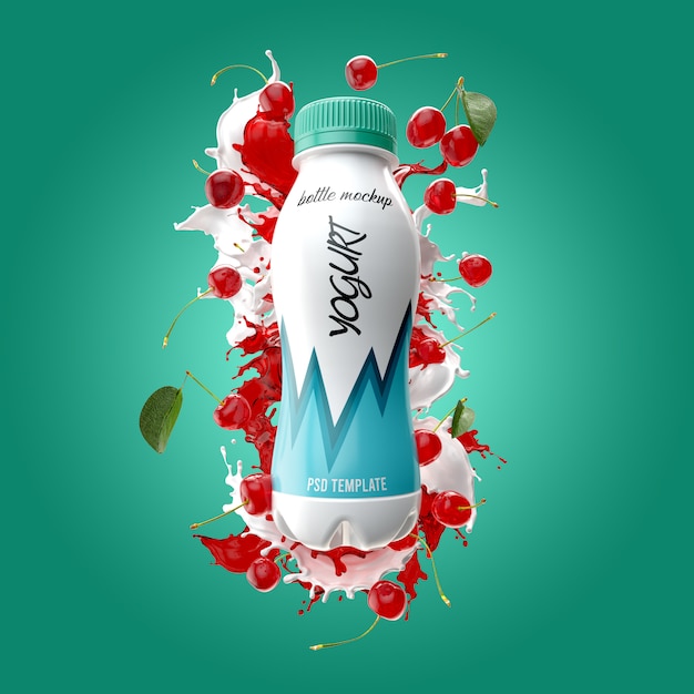 Bottiglia di yogurt con splash e ciliegia mockup