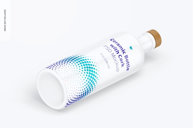Bottiglia in ceramica con mockup di sughero, vista isometrica a destra