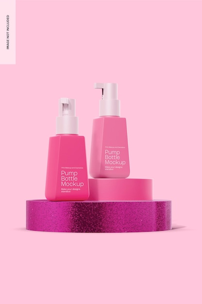 Bottiglie a pompa su sfondo rosa Mockup, vista frontale