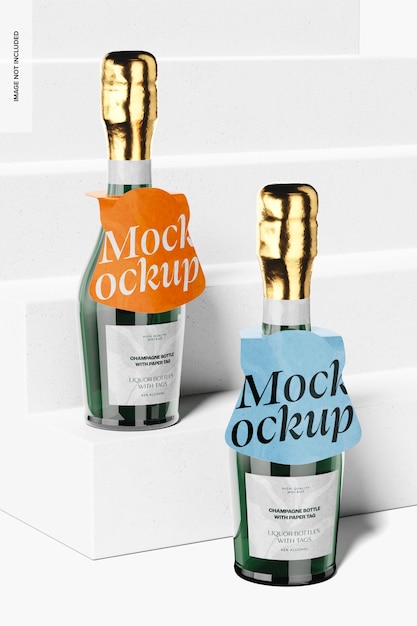 Bottiglie di champagne con mockup di etichetta di carta, vista frontale e sinistra