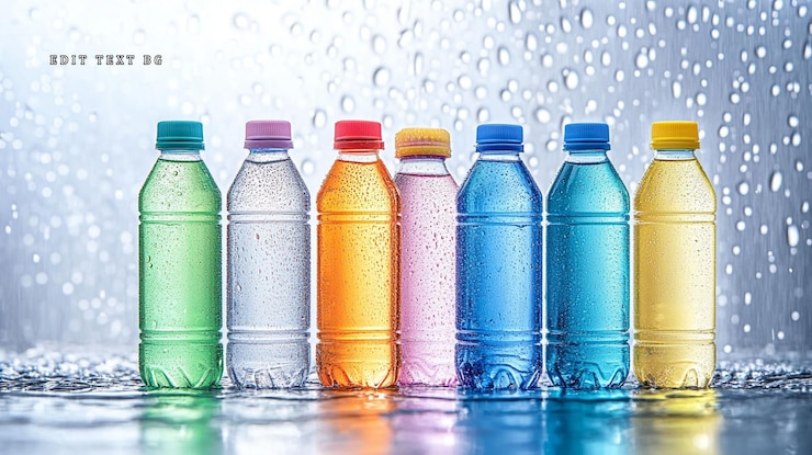 PSD bottiglie di plastica colorate di acqua con condensazione su una superficie umida
