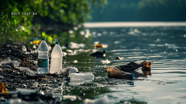 Bottiglie di plastica e detriti che inquinano l'acqua e l'ambiente sulla riva di un fiume