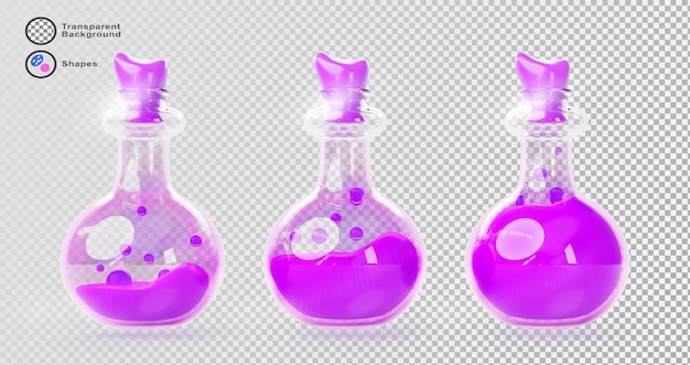 Bottiglie di pozione 3D con elixir magico viola Vetro tappo bottiglie di laboratorio di alchimia fiale con liquido al neon e bolle medicina veleno stregone o antidoto fantasia ui gioco icone di risorse set