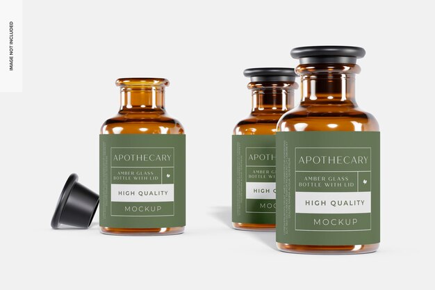 Bottiglie di vetro ambrato con coperchio Mockup, aperto e chiuso