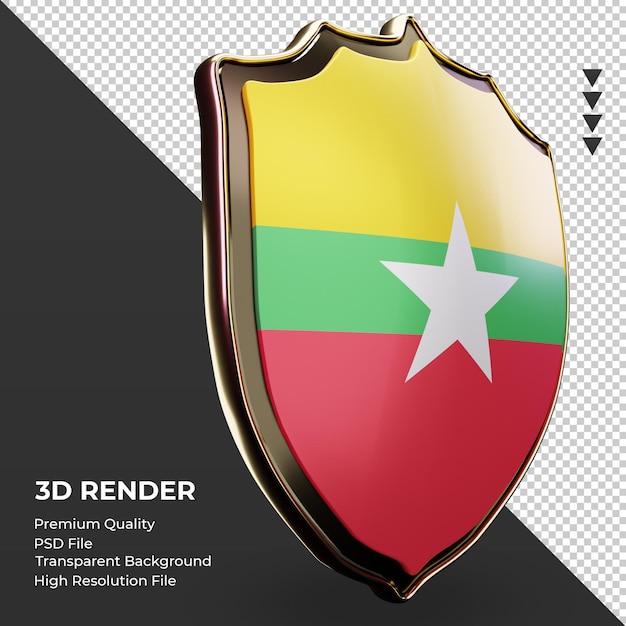 PSD bouclier 3d drapeau myanmar rendu vue gauche