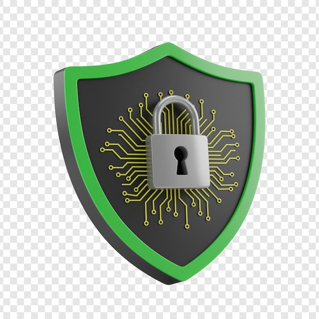 Bouclier de cybersécurité avec concept de protection des données verrouillé sur un fond transparent