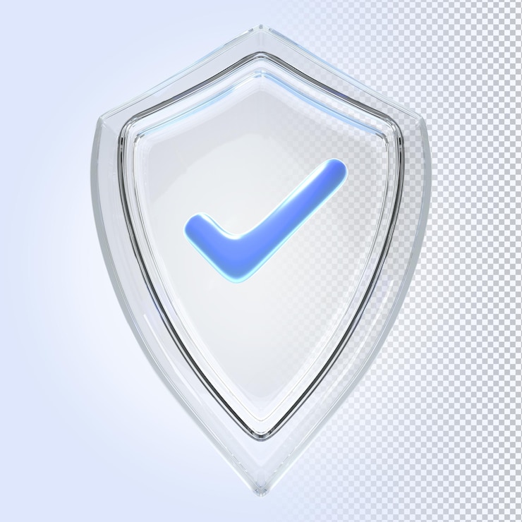 PSD bouclier en verre avec signe de tique isolé sur fond bleu vue de face rendu 3d symbole de protection et de sécurité avec icône de coche modèle de certificat de sécurité d'accès à l'ordinateur ou au téléphone