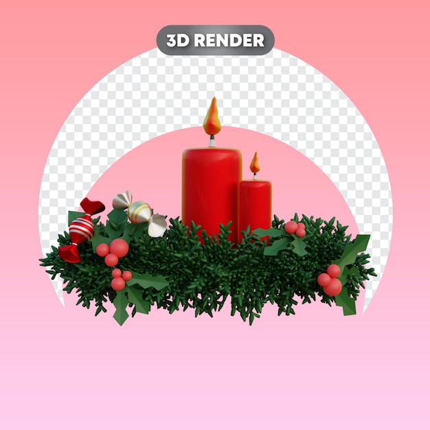 PSD bougie rouge de noël avec l'objet 3d de guirlande et de sucrerie