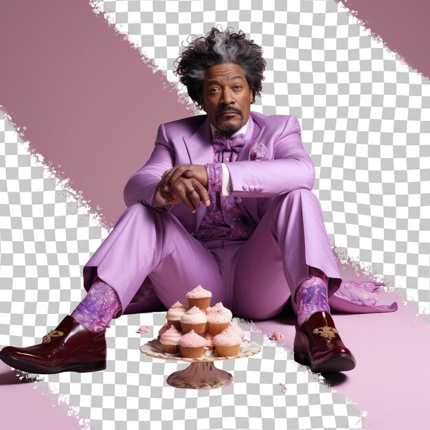PSD le boulanger appréciatif afro-américain d'âge moyen avec des cheveux kinky pose élégamment sur le lilas pastel