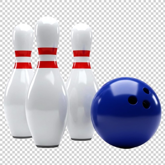 Boule de bowling bleue et épingles blanches à rayures rouges sur une voie isolée sur un fond transparent