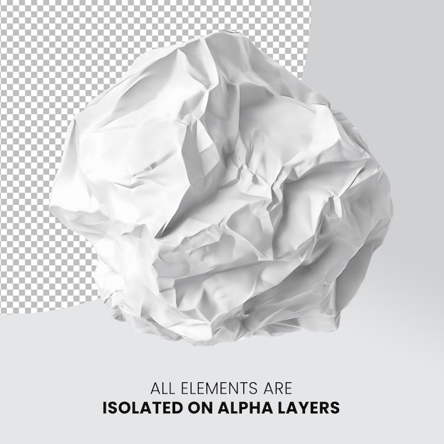 Une boule de papier blanc froissée isolée sur un fond transparent