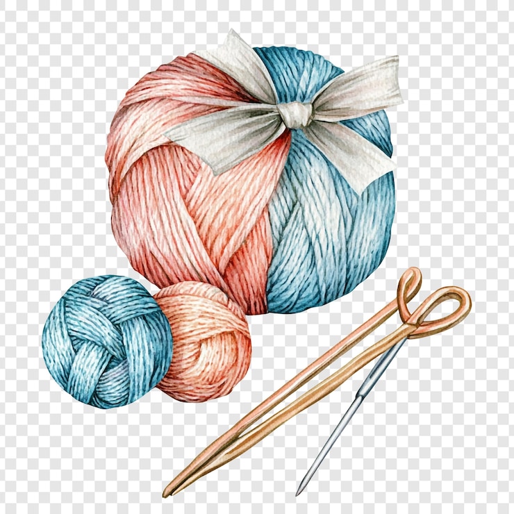 PSD des boules de fil d'aquarelle et des aiguilles à tricoter
