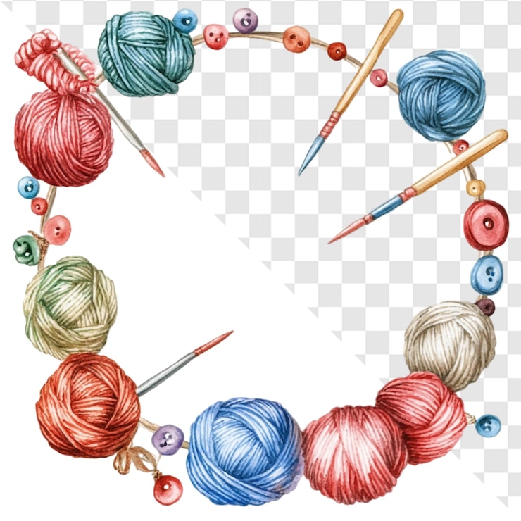 PSD des boules de fil colorées, des aiguilles et des boutons à tricoter, un cadre circulaire, un projet d'artisanat confortable.