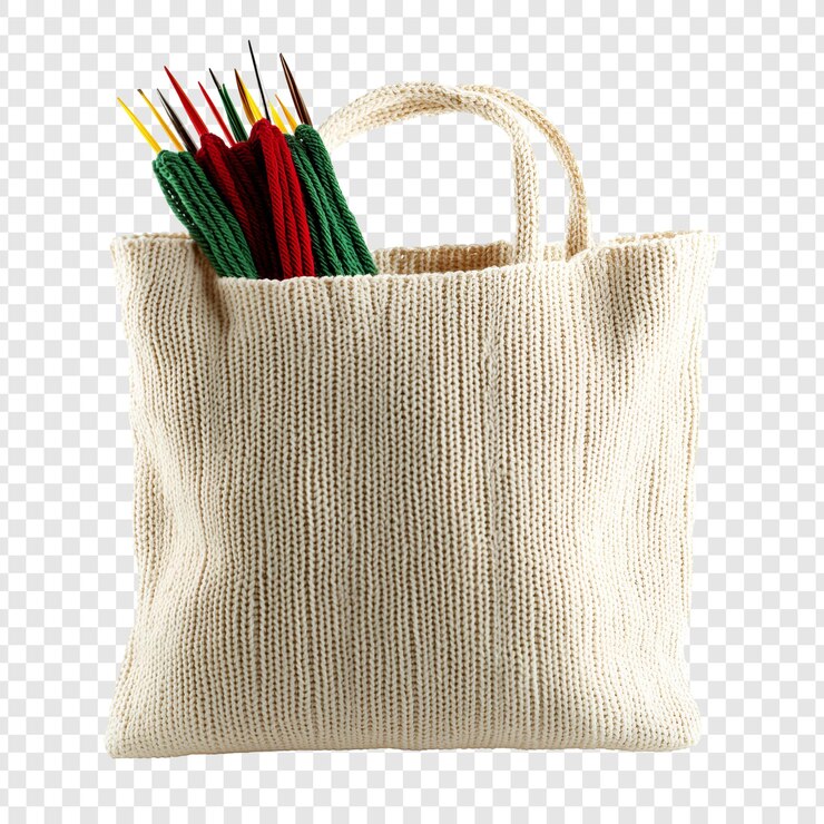 PSD des boules de fil colorées, des aiguilles de tricot dans un sac en coton isolé sur un fichier psd transparent