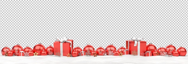 PSD boules de noël rouges isolés et cadeaux sur la neige