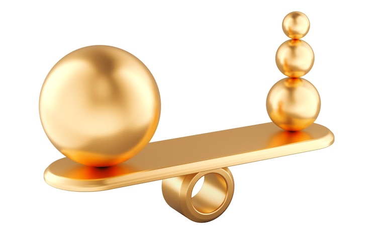 PSD boules d'or sur le concept d'équilibre de balancement 3d isolé sur un fond transparent