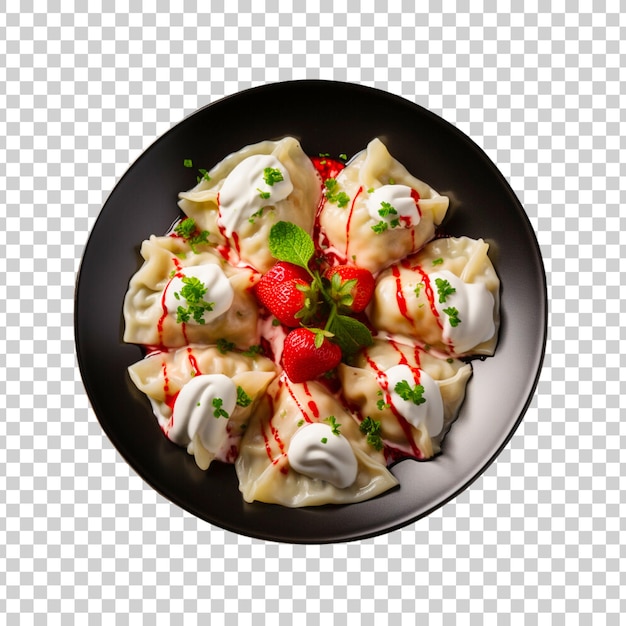 PSD des boulettes ravioli avec de la crème glacée et des fraises sur une assiette noire