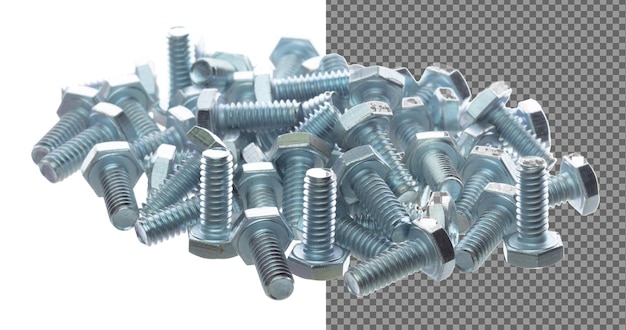 Boulon métallique pour l'industrie et la réparation se tiennent sur le groupe Boulon argenté à l'assemblage de la machine à écrous Boulon gris utilisé dans le verrouillage de la laveuse d'écrous Fond blanc isolé