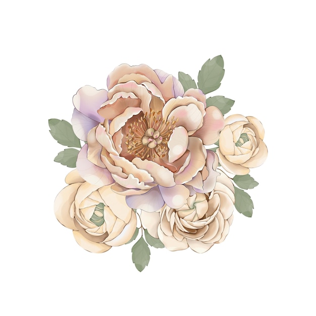 Un bouquet d'aquarelle élégant de pionniers et de ranunculus