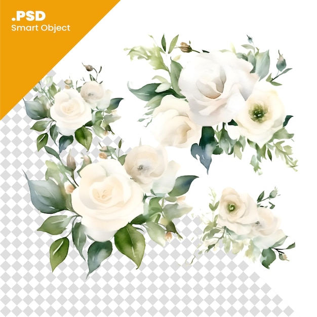 PSD bouquet d'aquarelle de roses blanches et de feuilles vertes isolé sur fond blanc modèle psd