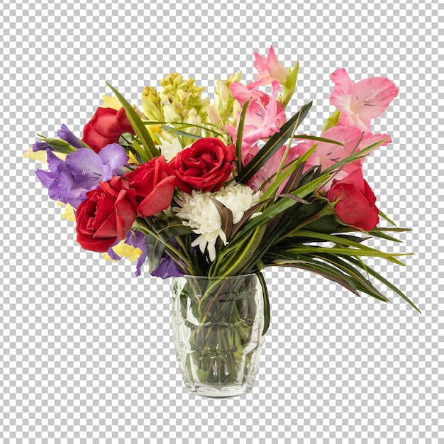 PSD bouquet aus gemischten blüten und blättern in isolierter vase