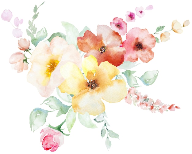 Bouquet com aquarela flores e folhas cor-de-rosa e amarelas ilustração isolada de casamento pastel