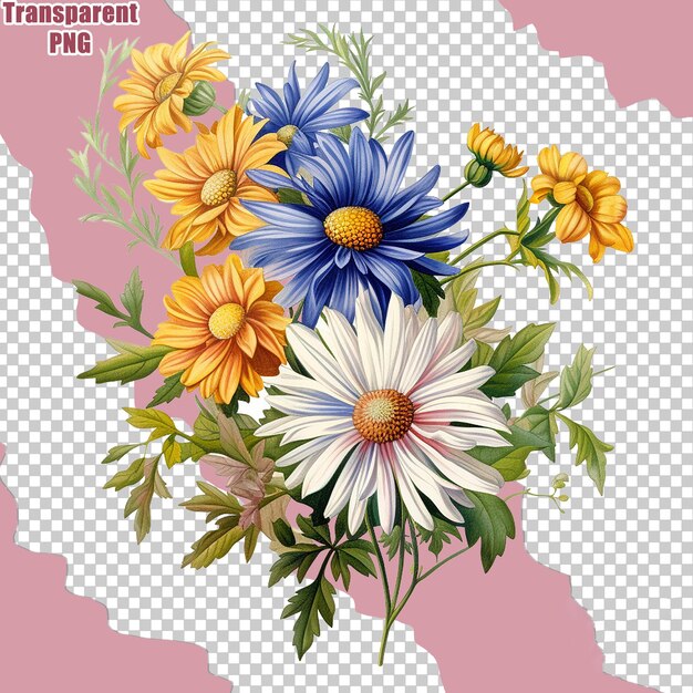 PSD bouquet de flores colorido estético com ilustração de pintura detalhada com fundo transparente