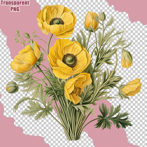 PSD bouquet de flores colorido estético com ilustração de pintura detalhada com fundo transparente