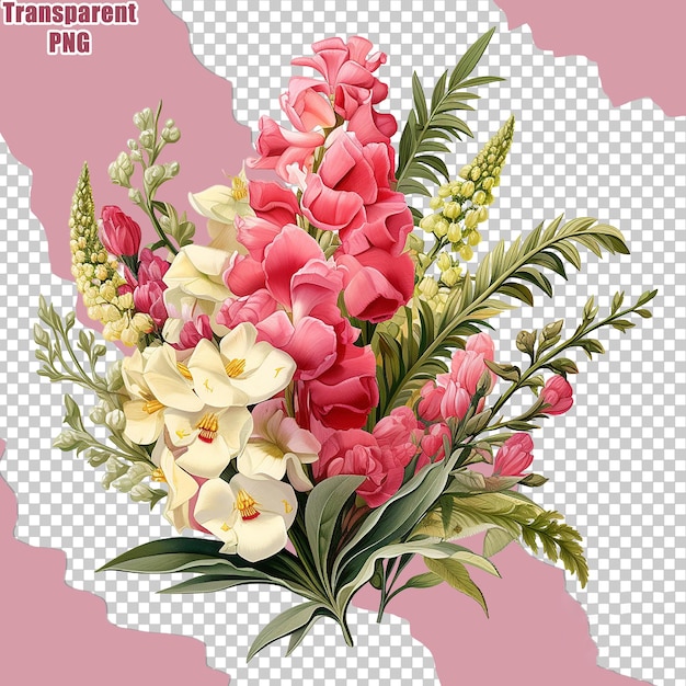 PSD bouquet de flores colorido estético com ilustração de pintura detalhada com fundo transparente