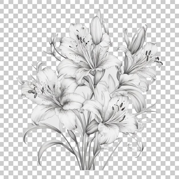 PSD bouquet de flores de contorno diferente arte de linha de tatuagem em fundo transparente