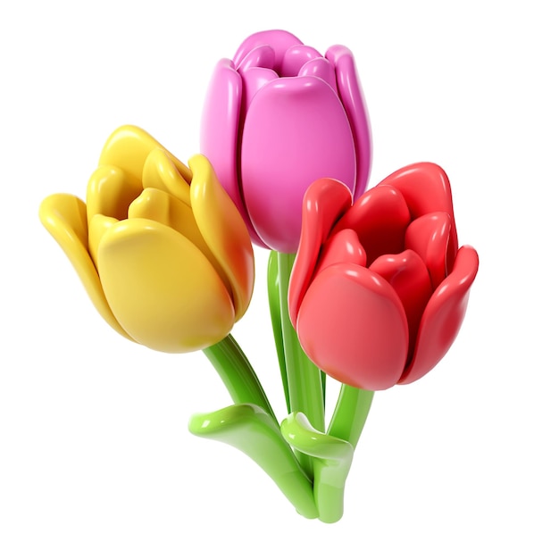 PSD bouquet de flores de tulipa 3d em estilo de desenho animado para decoração de design romântico de amor de primavera valentine