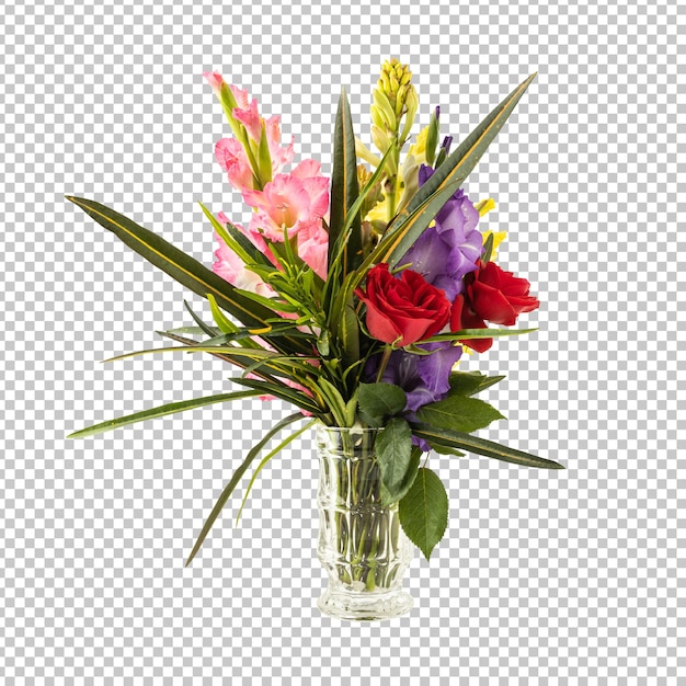 PSD bouquet de flores e folhas mistas em vaso isolado