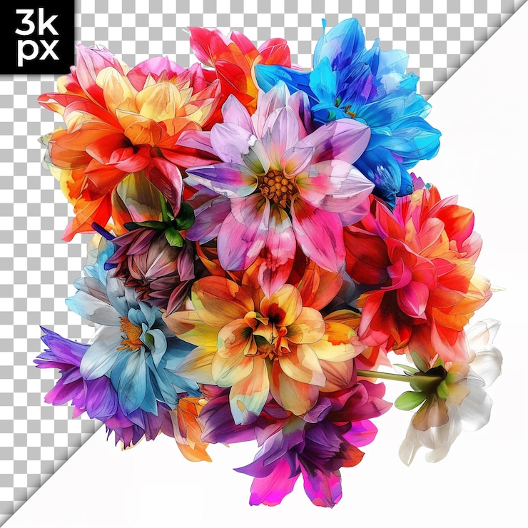 PSD bouquet de flores vibrante em fundo transparente
