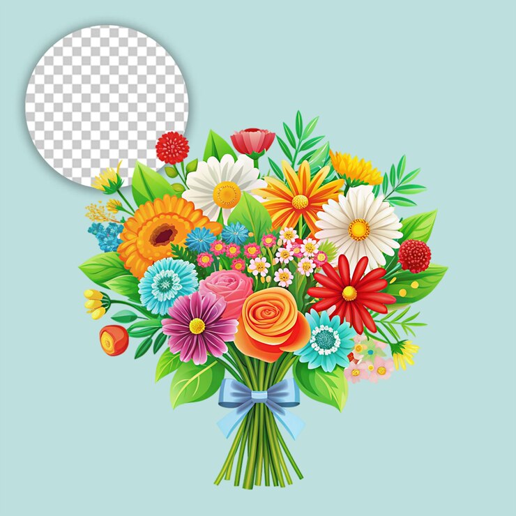 PSD bouquet di fiori colorati legati con un nastro rosa su una scrivania di legno su uno sfondo trasparente