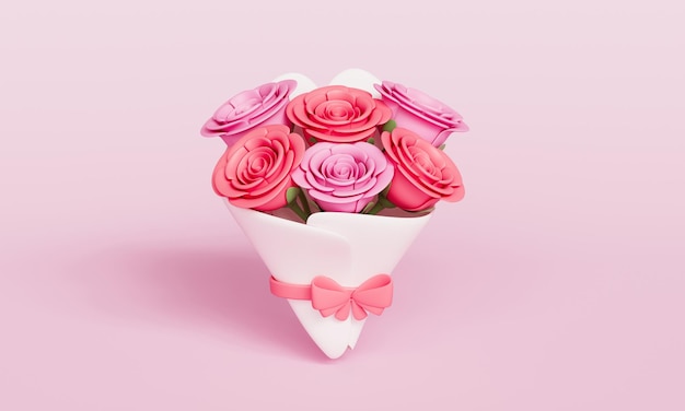 Bouquet di fiori di rosa avvolti in carta e icona di nastro Rendering 3D Non AI