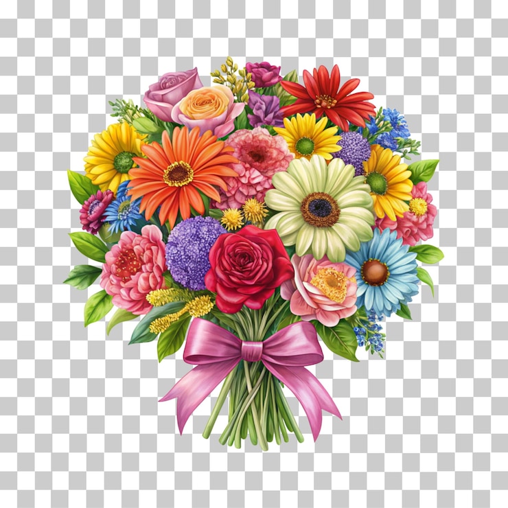 PSD bouquet di fiori misti colorati con nastro png di alta qualità e sfondo trasparente