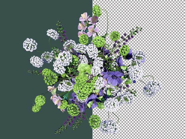 Bouquet di ortensie bianche e blu su sfondo trasparente rendering 3D