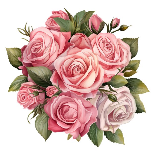 Bouquet di rose rosa con foglie verdi Immagine generata dall'AI