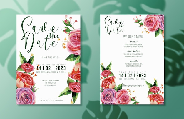 PSD bouquet de fleurs aquarelle carte d'invitation de mariage et modèle de menu