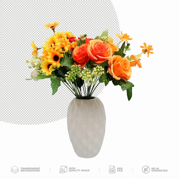 PSD un bouquet de fleurs dans un vase blanc sur un fond transparent