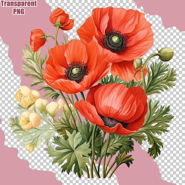 PSD bouquet de fleurs esthétiques et colorées avec des illustrations détaillées sur fond transparent