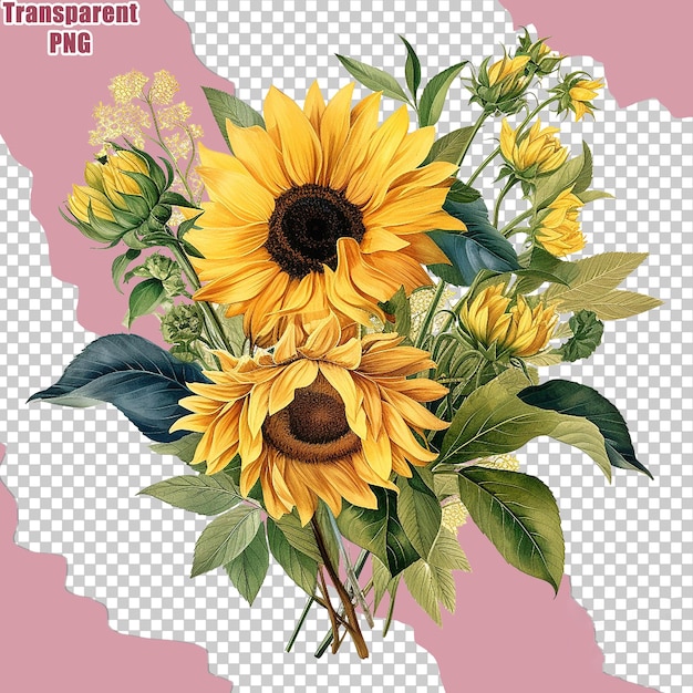 PSD bouquet de fleurs esthétiques et colorées avec des illustrations détaillées sur fond transparent